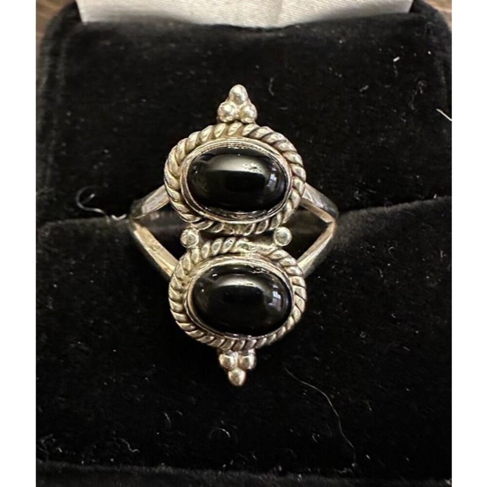 Black Onyx 2 Stone .925 Sterling Silver Ring Size 8